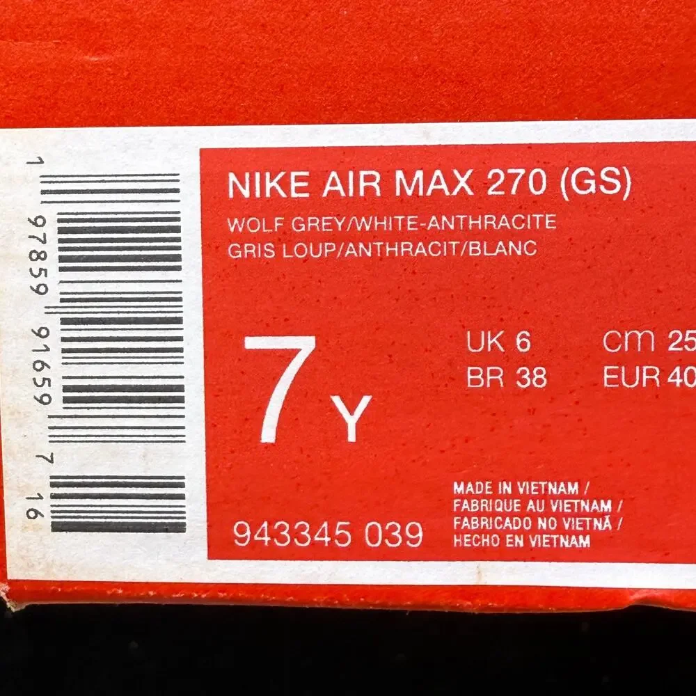 Nike Air Max 270 (Gs) Wolf Grey-White-Anth Sz 7Y-Womens Sz 8.5 [943345-039]